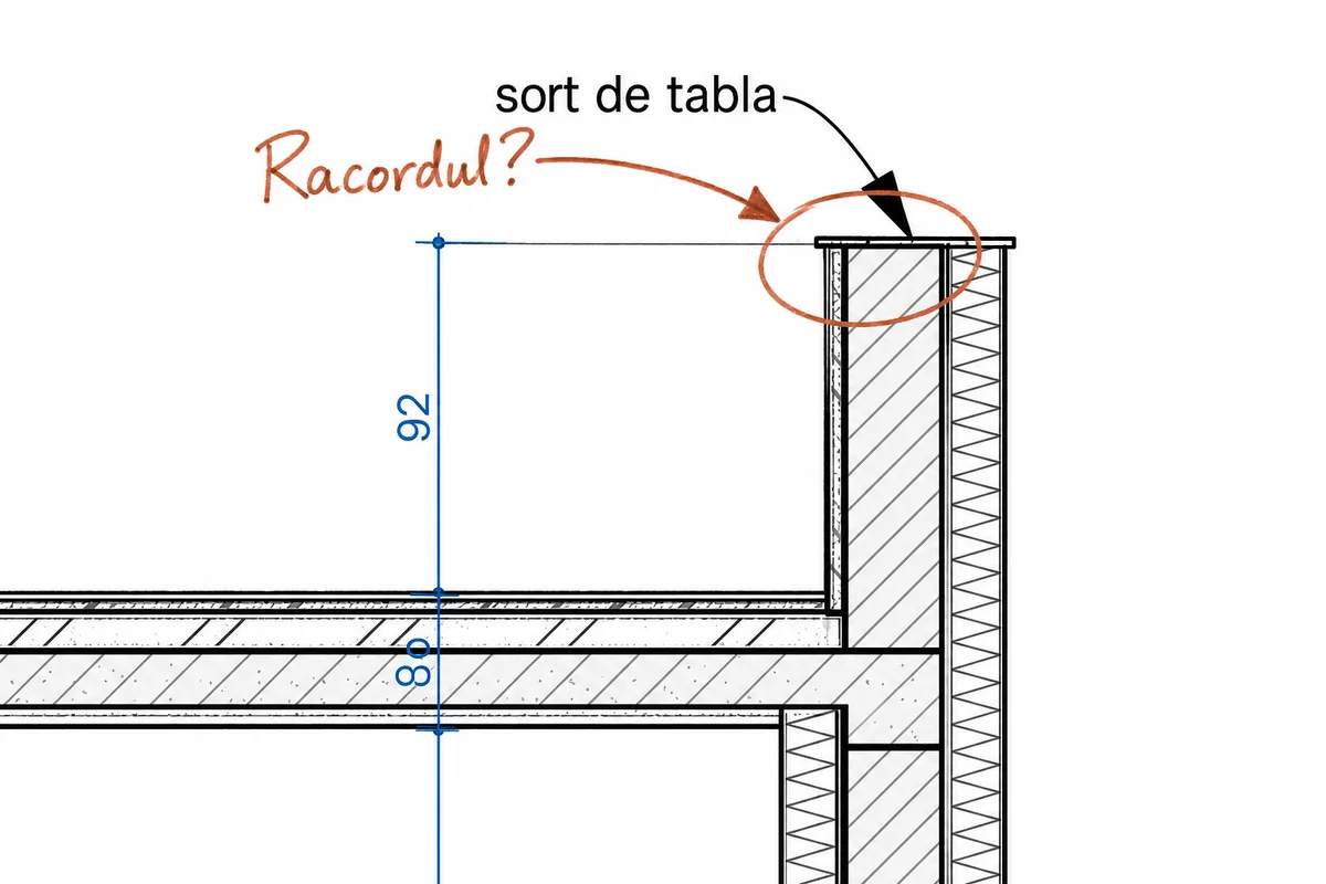 Schiță ilustrativă care încercuiește racordul aticului și îl marchează cu întrebarea Racordul?